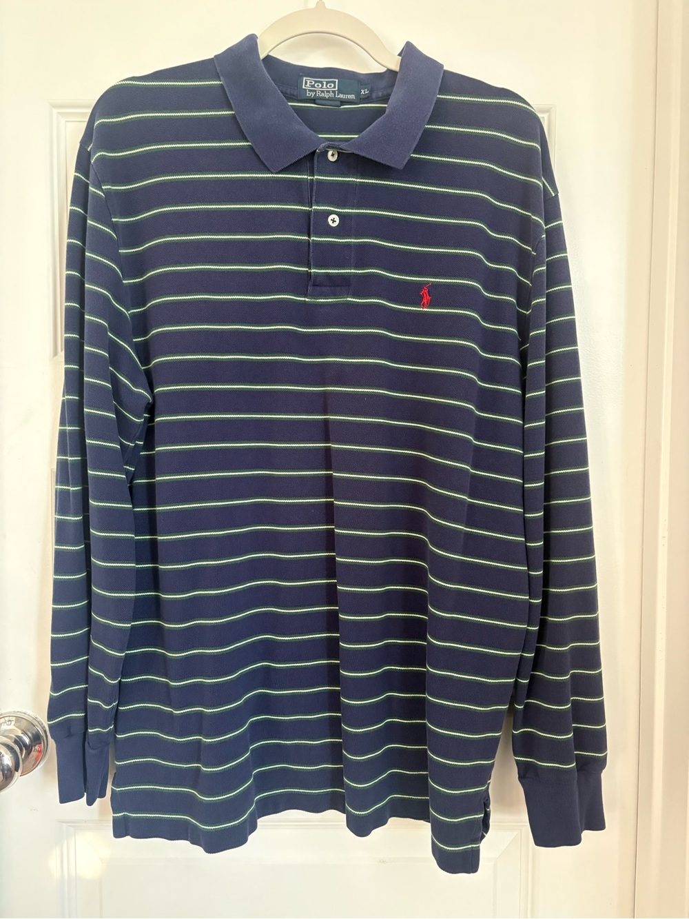 Polo Ralph Lauren Men’s Navy Green Striped Long Sleeve Polo Shirt